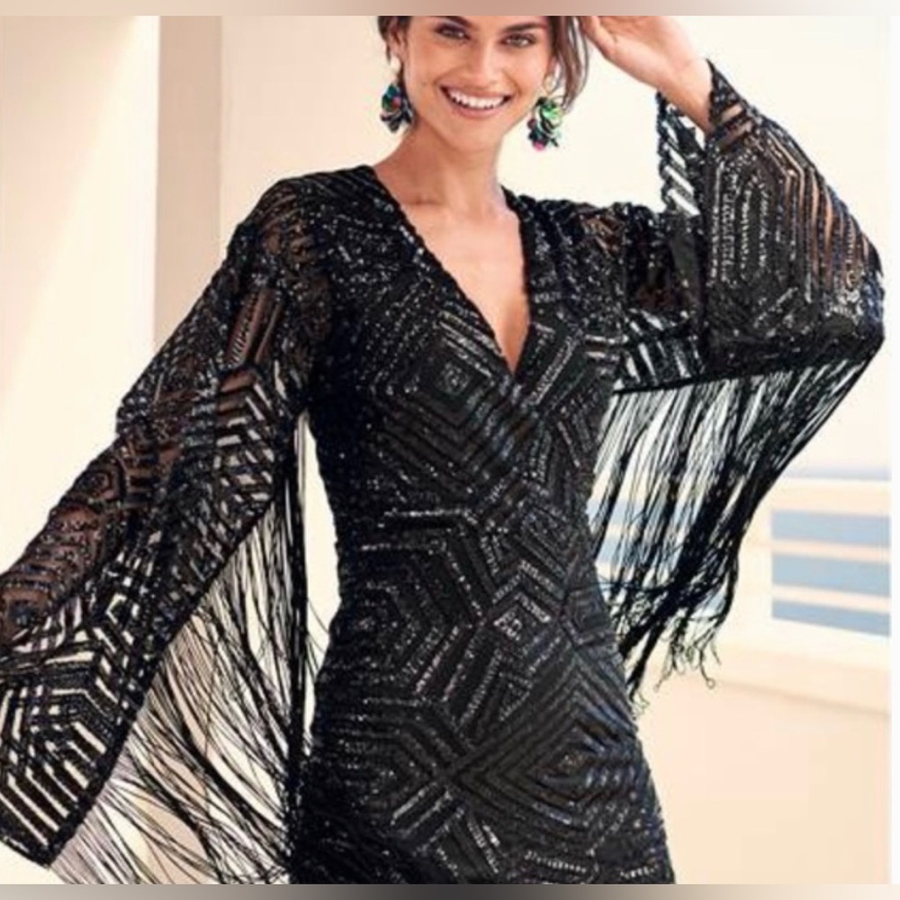 Venus NWT Black Sequin Bell Sleeve Fringe V-Neck Mini Dress - Picture 2 of 15